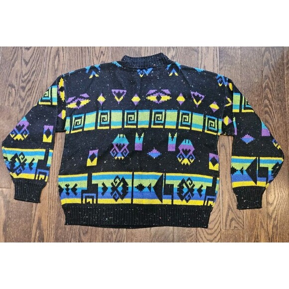 VTG 80s A Jane Adams Black Colorful Aztec AOP Sweater Women's Sz L Made in USA - Picture 2 of 10